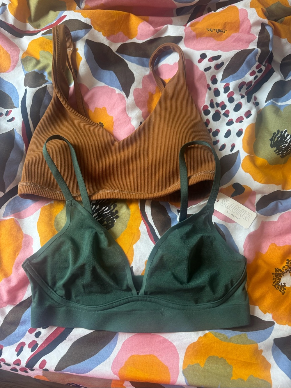 2 new Small Aerie Ribbed Brown Bralette & Smooth Forest Green Sheer Bralette
